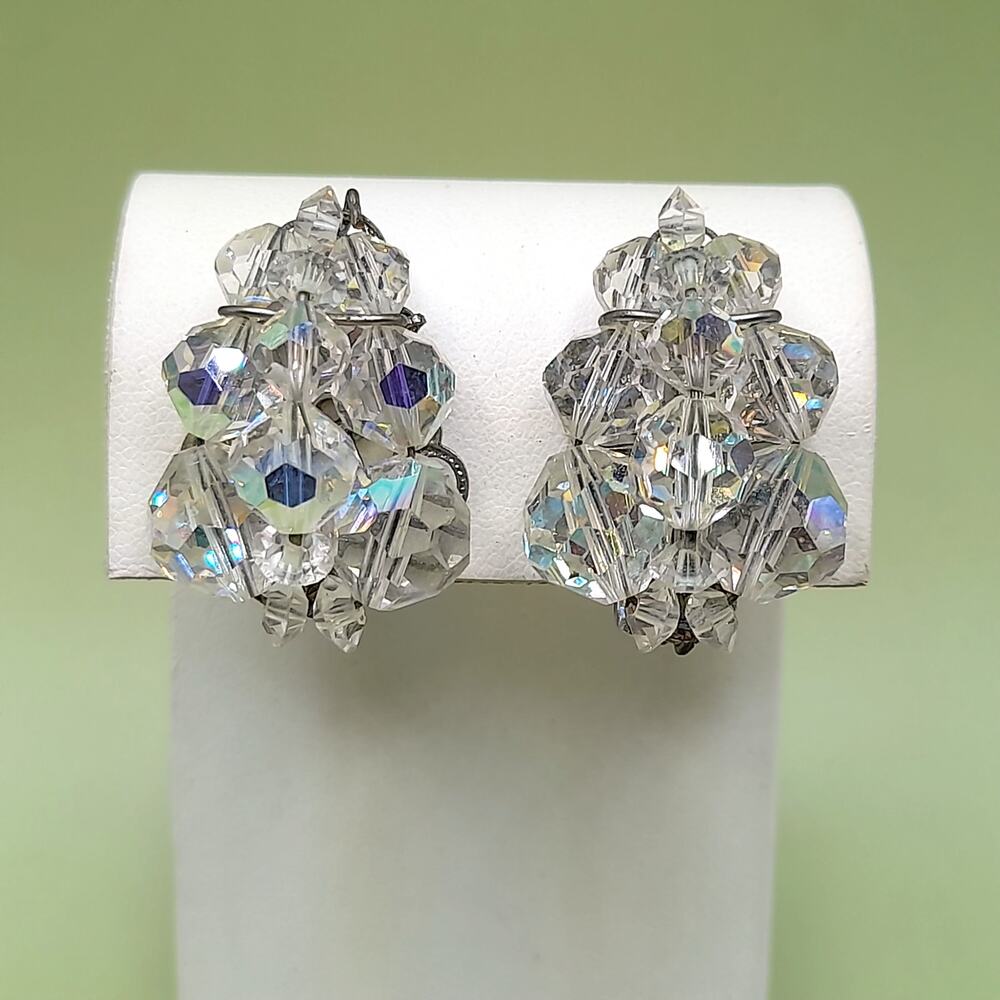 Vintage Aurora Borealis Bead Clip Earrings, 1 1/8 Inch, 1950s